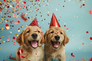 A pair of adorable golden retriever puppies gleefully playing with confetti while donning matching red party hats, the joy evident in their bright eyes against a tranquil blue background.