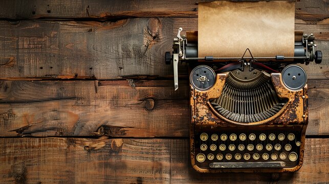 A vintage typewriter with a blank page ready for writing set against a rustic wood background