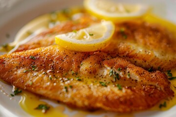 Wall Mural - Closeup of pan-fried sole fish on a plate, topped with golden-brown crust and a drizzle of lemon butter sauce