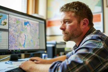 Wall Mural - A man seated at a desk, focused on analyzing geographic data displayed on a computer monitor