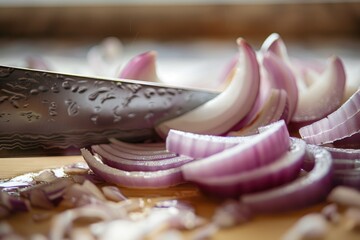 Wall Mural - Close-up of onions being sliced by a knife on a wooden cutting board