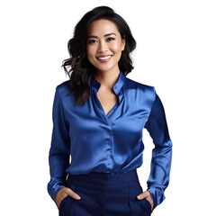 front view mid body shot of a beautiful Asian woman dressed in a sophisticated cobalt blue silk blouse and a white tailored trouser, Smiling isolated on a white background