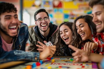 A group of friends gathered around a table playing a game of Monopoly, focused and engaged in strategic gameplay