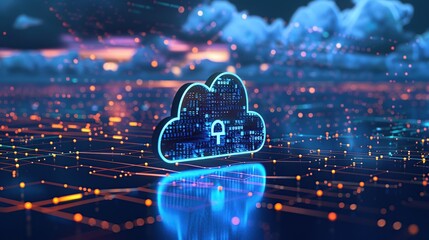 Aufkleber - Digital technology and cloud network connections. Cloud and padlock icon on dark background.