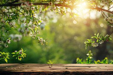 Wall Mural - Spring beautiful background with green lush young foliage and flowering branches with an empty wooden table on nature outdoors in sunlight in garden