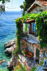 Wall Mural - A stone house on the edge of the ocean.