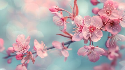 Sticker - beautiful blooming cherry flowers on a blurred background, creating a bokeh effect. The flowers have a soft pink color with yellow and red cores