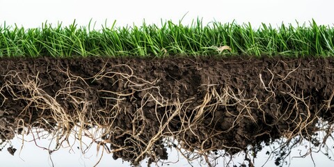 cross-section of soil showing green grass and its dense network of roots. this image provides a deta