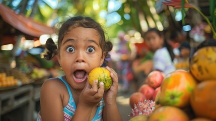 A happy toddler is sitting at a market, eating a juicy mango with her fingers. Her food craving satisfied, she is content sharing bites with her mom, building memories over delicious cuisine AIG50