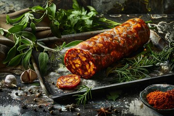 Wall Mural - A rustic chorizo salami roll sits on a weathered metal tray, surrounded by fresh spices and herbs