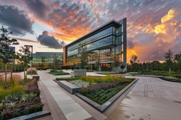 A corporate campus featuring a modern building surrounded by an abundance of plants and greenery