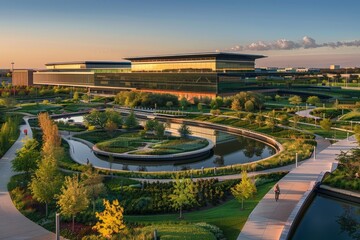 Wall Mural - A birds eye view of a park featuring a pond surrounded by trees and pathways