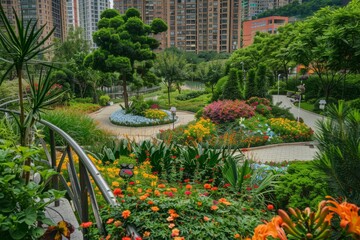 Wall Mural - Lush garden filled with colorful flowers and tall trees blending nature into urban surroundings