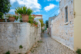 Fototapeta  - Street view of Archanes village in Helakleion, Crete, Greece. Old traditional colorful houses and buildings