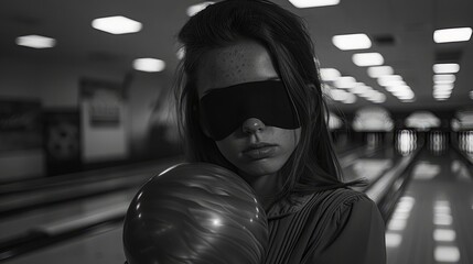 Wall Mural - A woman wearing a black blindfold is holding a bowling ball