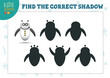 Find the correct shadow for cute cartoon robot educational preschool kids mini game. Vector illustration with 5 silhouettes for shadow matching quiz