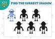 Find the correct shadow for cute cartoon robot educational preschool kids mini game. Vector illustration with 3 silhouettes for shadow matching exercise