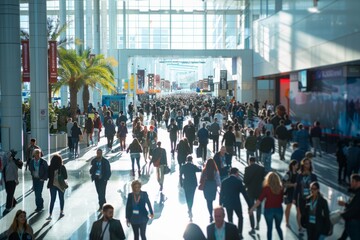 Wall Mural - A bustling crowd of people walking through a convention hall at a tech conference or expo