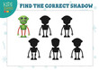 Find the correct shadow for cute cartoon robot educational preschool kids mini game. Vector illustration with 5 silhouettes for shadow matching exercise