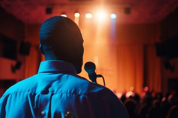 Wall Mural - A preacher passionately proclaiming the Gospel to a crowd while standing in front of a microphone