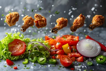 Wall Mural - Mouthwatering crunchy chicken, cooked to perfection, served warm and very appetizing, with sliced onions, sliced chilies, sliced peppers, and sliced tomatoes on a wooden plate.