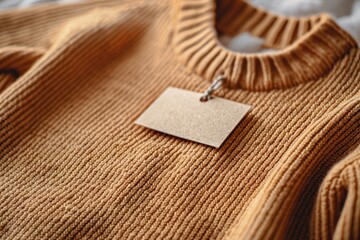 Detailed view of a commercial brown sweater with a prominent empty tag mockup attached