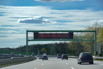 Restriction signs on motorways. Automotive industry.