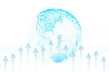 A digital illustration of a globe with upward arrows and wave lines, representing growth or progress, on a white background with a network grid