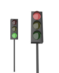 two traffic lights with different designs, one illuminated green on a white background, concept of t