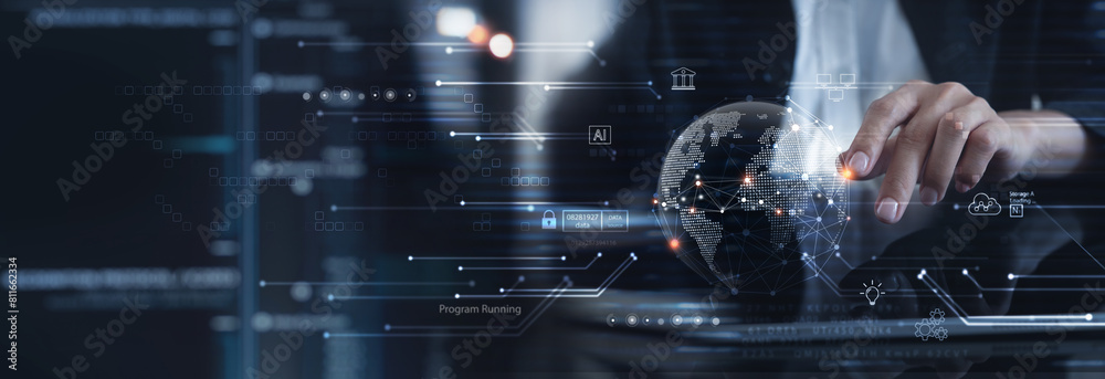 Data science, AI, Digital technology concept. Computer programmer using ...