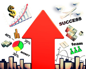 Wall Mural - Collage of business elements with a large red arrow, money symbols, and airplane on a white background, concept of success