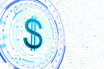 Poster - A digital dollar sign in blue tones, with circular tech elements and binary code on a white background, depicting a financial technology concept