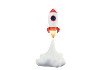 Aufkleber - An illustrated rocket launching with a flame and smoke trail on a white background, concept of innovation