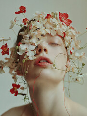 Wall Mural - A young woman model is surrounded by flowers, like in a fashion magazine. Her face is among the flowers on bright background.