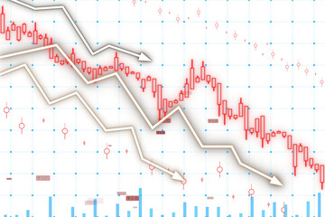 Poster - A digital financial chart with downward trend lines and candlestick patterns on a white and blue grid background reflecting a concept of market decline