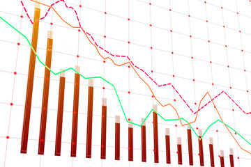 Wall Mural - A colorful bar graph with overlaid line graphs on a grid, indicating data analysis concept, on a white background