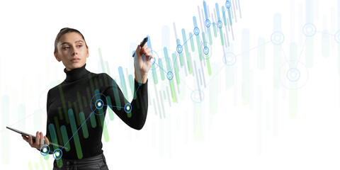 Poster - Woman interacting with futuristic interface graphics, against a white background, concept of technology and analytics