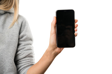 Wall Mural - A person holding a smartphone with a blank screen, isolated on a white background, depicting the concept of technology and connectivity