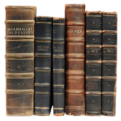 Wall Mural - A row of old leather bound books with the titles Maban Lail, Soude, and others,isolated on white background or transparent background