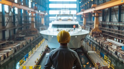 A man in a hard hat looking at a large yacht under construction in a shipyard.