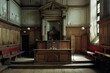 Courtroom Interior, Empty courtroom with judge's bench and witness stand, illustrating legal proceedings.