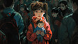 Portrait of girl holding baby doll, standing lonely among the crowd in comic style illustration.