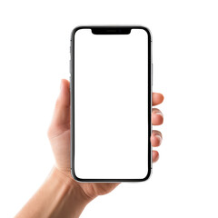 Wall Mural - hand holding smart phone isolated on transparent white background, clipping path 