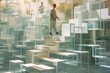 Smart man exploring a surreal museum of floating white frames. Art installation and optical illusion concept. Attractive people walking up white floating staircase surrounded with square box. AIG35.