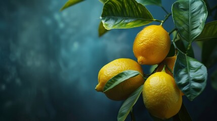 Wall Mural - Fresh ripe lemons hanging on a tree branch