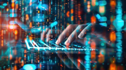 Poster - hands typing on computer keyboard, with abstract code, online cyber attack, hack, threats and breaches Network concept, cyber technology