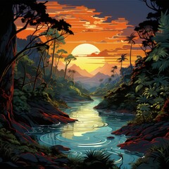 Sticker - a painting of a tropical island with a sunset in the background