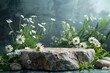 Cosmetic product mockup with stone pedestal and small white flowers