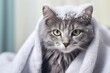 Portrait of a gray cat in towel and shower foam on gray background