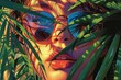 Artistic woman's portrait in glasses in tropical forest, pop art and graffiti style